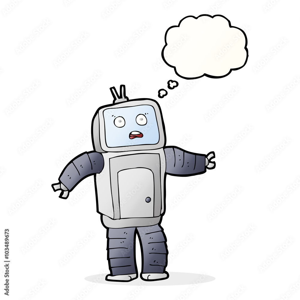 cartoon funny robot with thought bubble