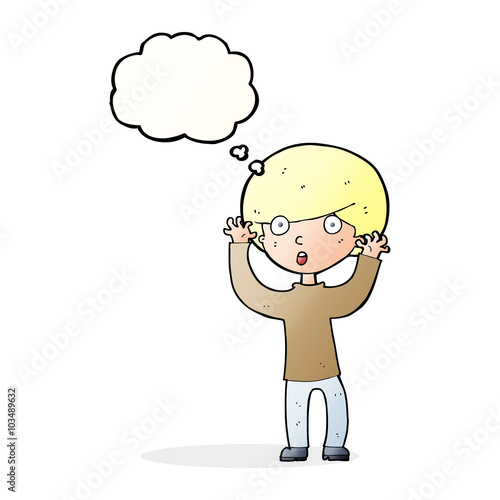 cartoon startled boy with thought bubble