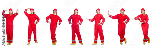 Woman in red overalls isolated on white