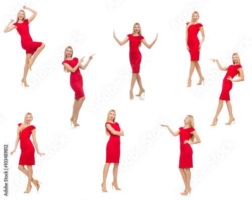 Woman in red dress isolated on white
