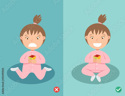 Right and wrong ways sitting position for child, stop W sitting