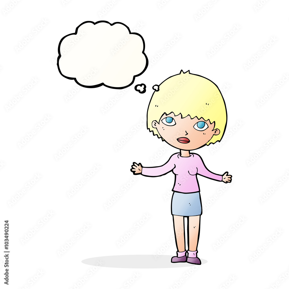 cartoon woman shrugging with thought bubble cartoon woman shrugging with thought bubble