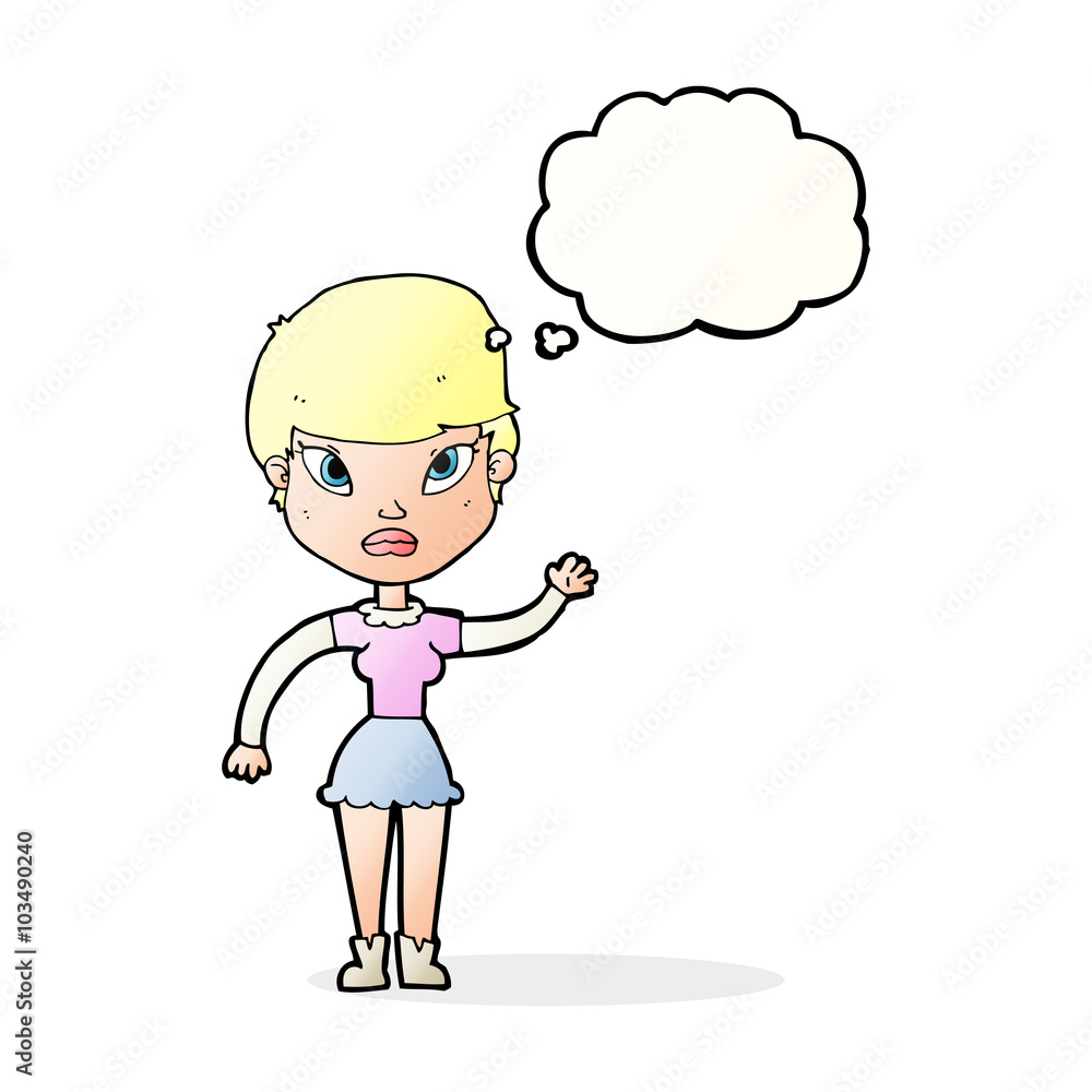 cartoon woman waving with thought bubble cartoon woman waving with thought bubble