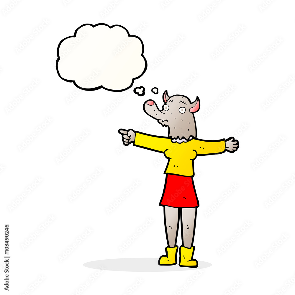 Fototapeta premium cartoon pointing werewolf woman with thought bubble