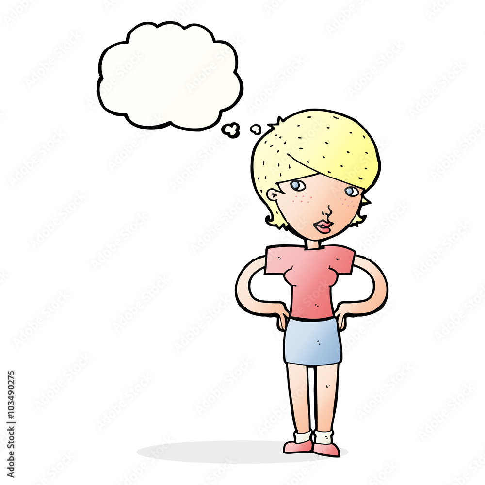 cartoon woman with hands on hips with thought bubble cartoon woman with hands on hips with thought bubble