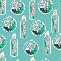 Handdoek met foto Terrariumplanten patronen Seamless pattern with hand drawn floral terrariums. Plant pendant with dried flowers, moss and berries. Colorful vector illustration  © monstreh