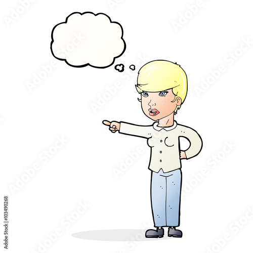cartoon woman pointing finger of blame with thought bubble