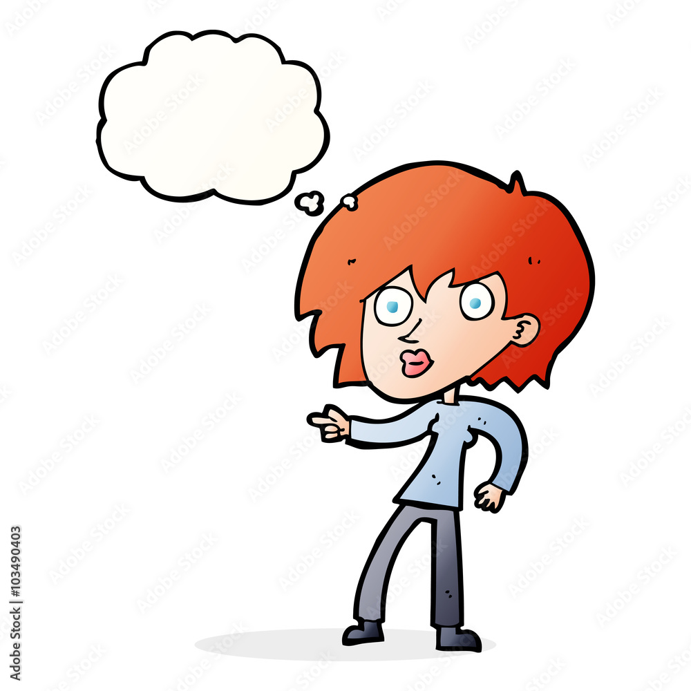 cartoon surprised woman pointing with thought bubble cartoon surprised woman pointing with thought bubble