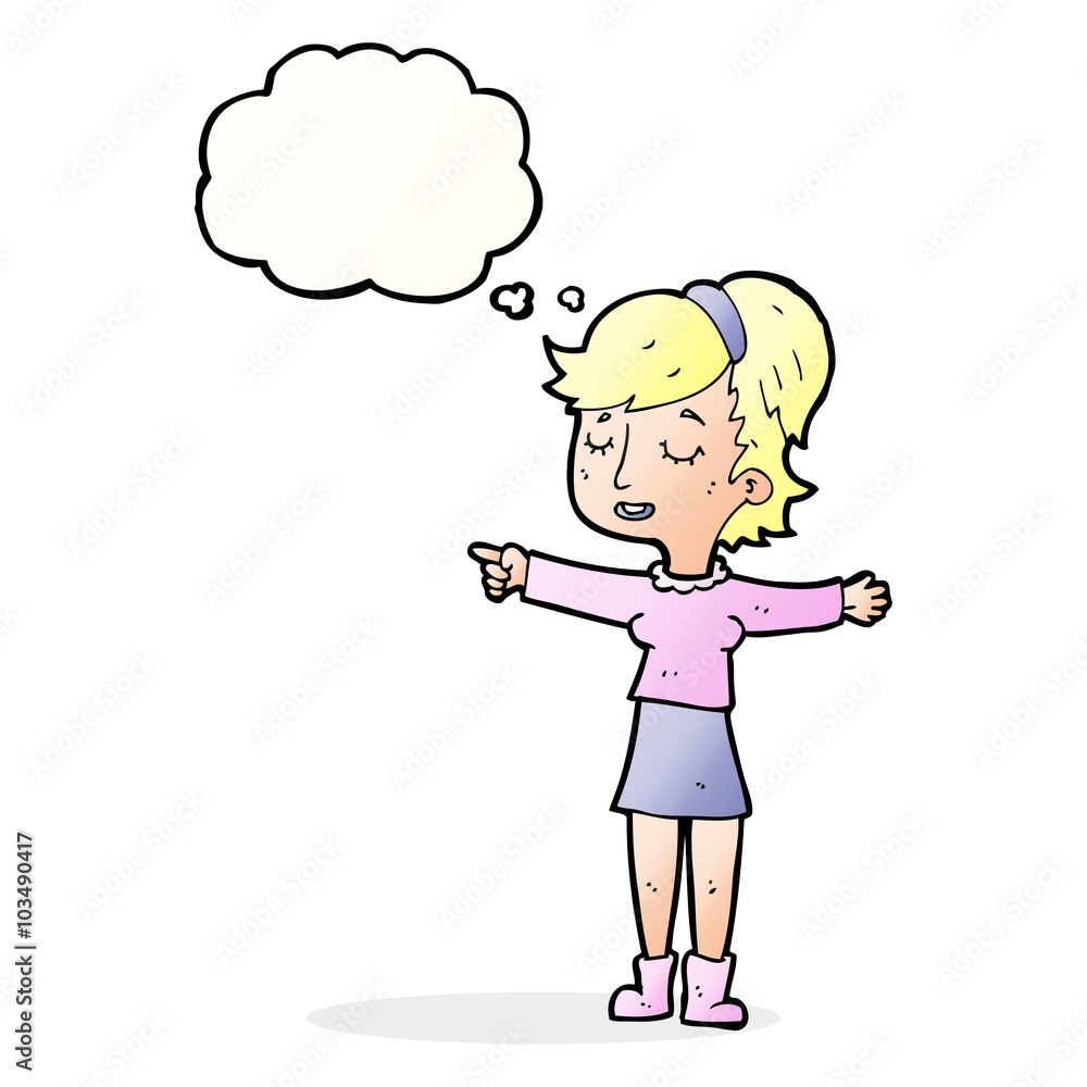 cartoon happy woman pointing with thought bubble cartoon happy woman pointing with thought bubble