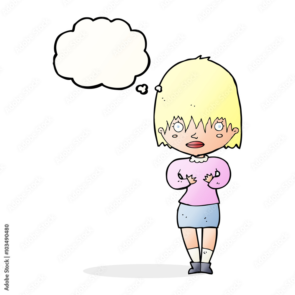 cartoon woman making Who Me? gesture with thought bubble cartoon woman making Who Me? gesture with thought bubble