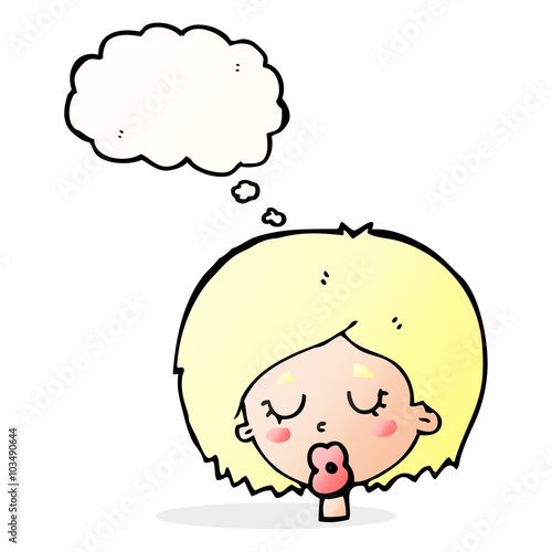 cartoon woman with eyes closed with thought bubble