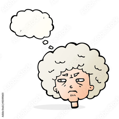 cartoon bitter old woman with thought bubble