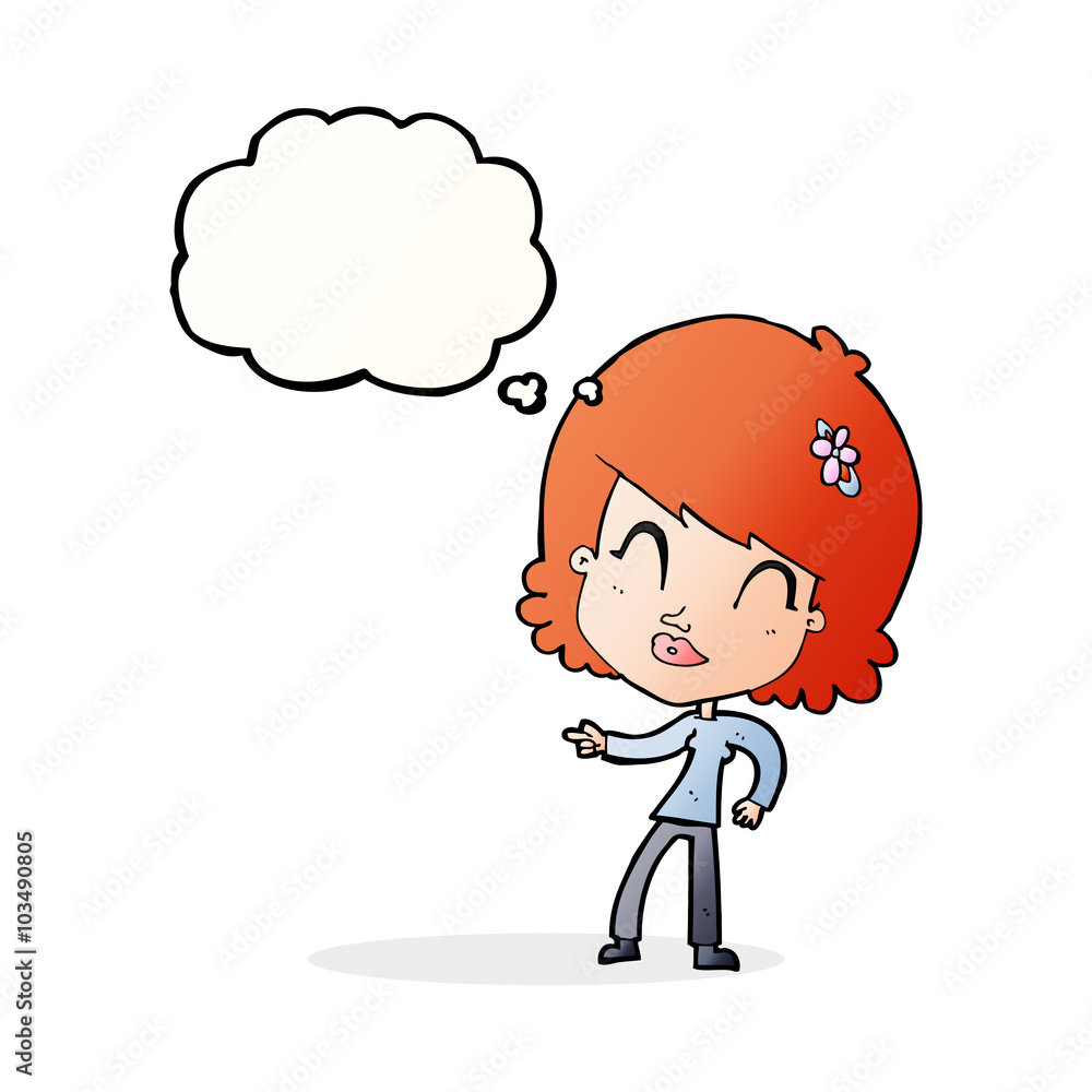 cartoon happy woman pointing with thought bubble cartoon happy woman pointing with thought bubble