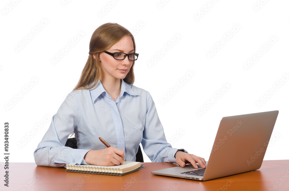 Office employee at work table isolated on white Office employee at work table isolated on white