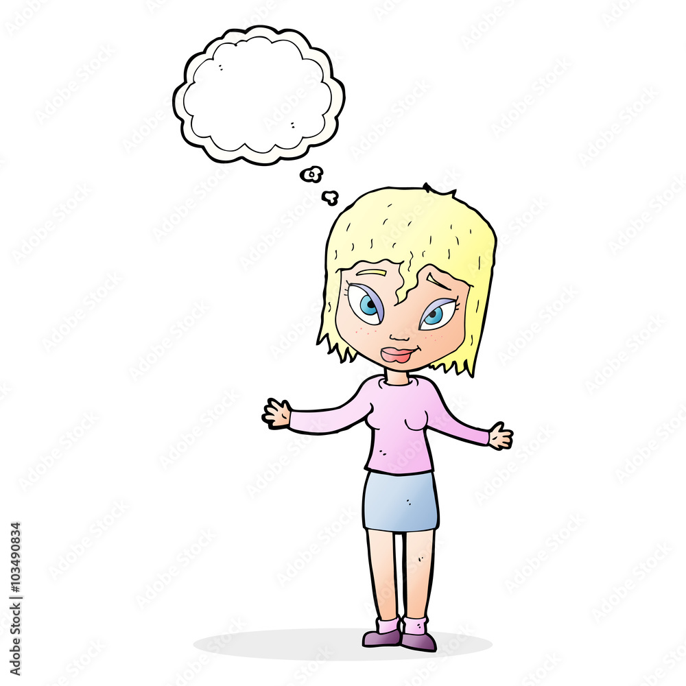 cartoon woman shrugging shoulders with thought bubble cartoon woman shrugging shoulders with thought bubble