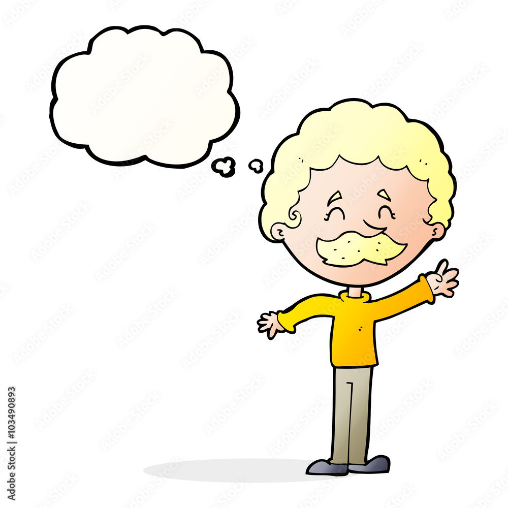 cartoon man with mustache waving with thought bubble cartoon man with mustache waving with thought bubble