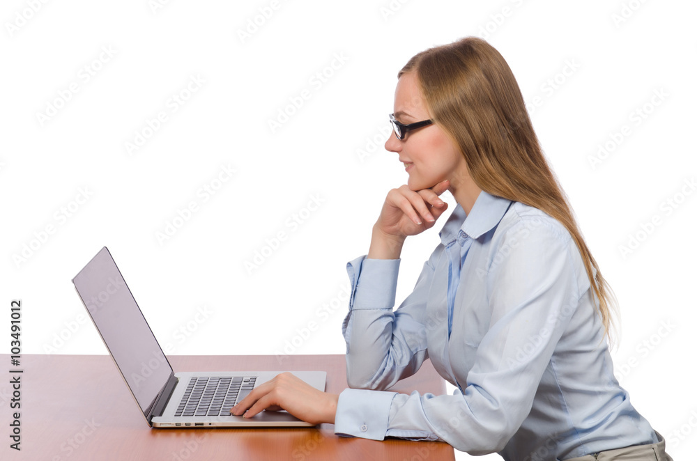 Office employee at work table with laptop isolated on white Office employee at work table with laptop isolated on white
