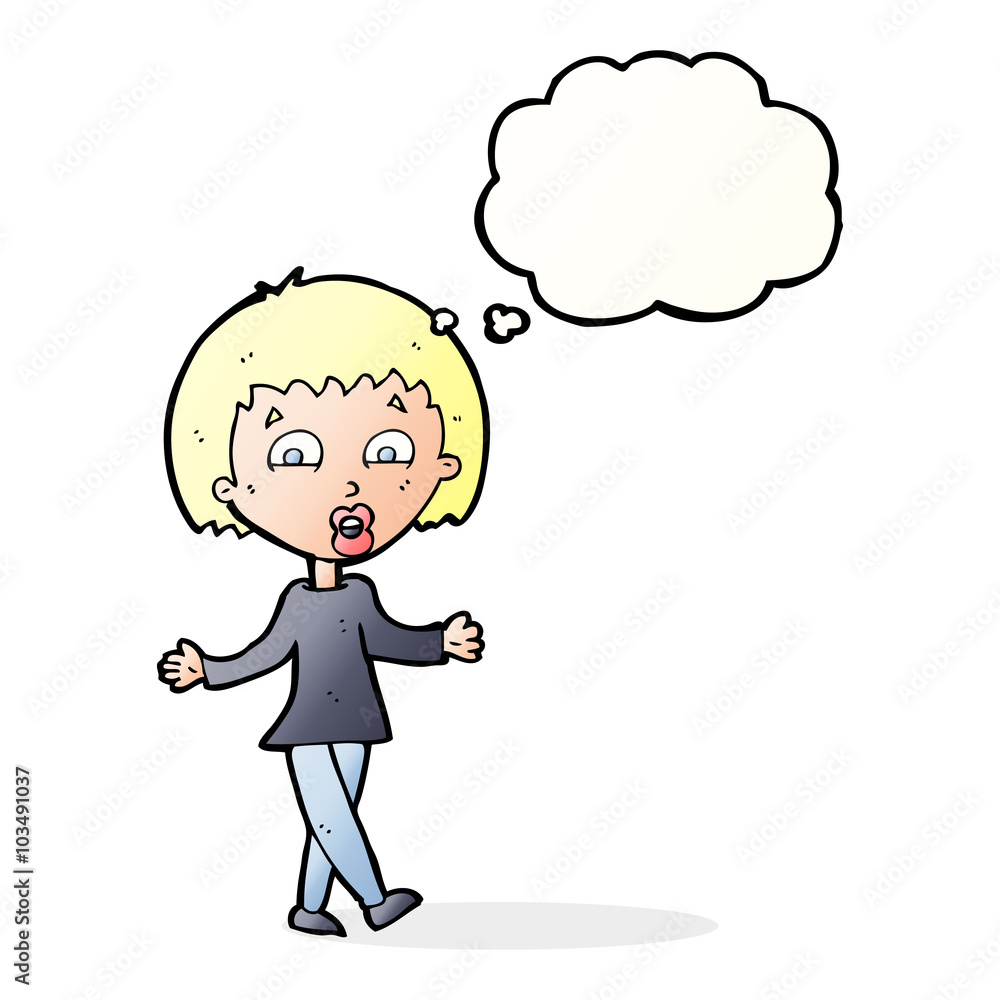 cartoon woman shrugging shoulders with thought bubble cartoon woman shrugging shoulders with thought bubble