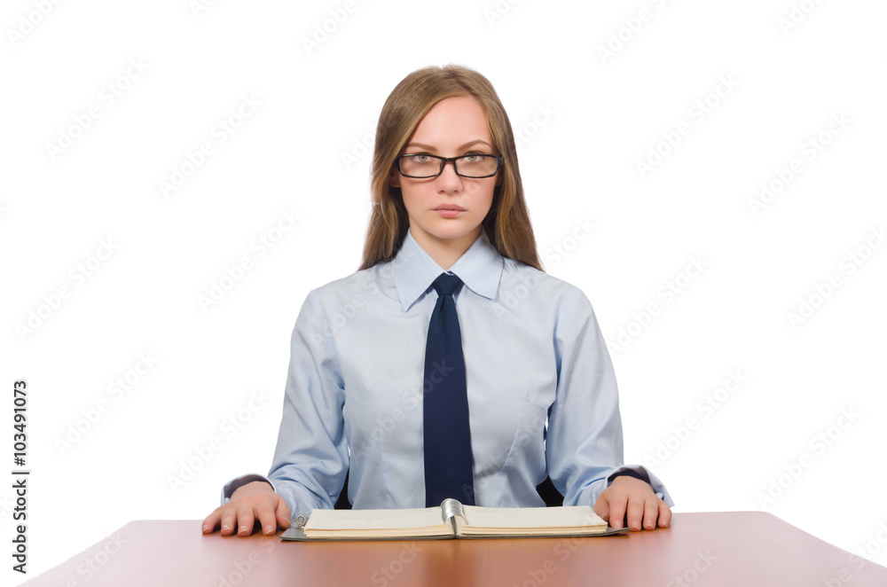 Office employee at work table isolated on white