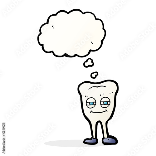 cartoon smiling tooth with thought bubble