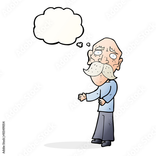 cartoon lonely old man with thought bubble