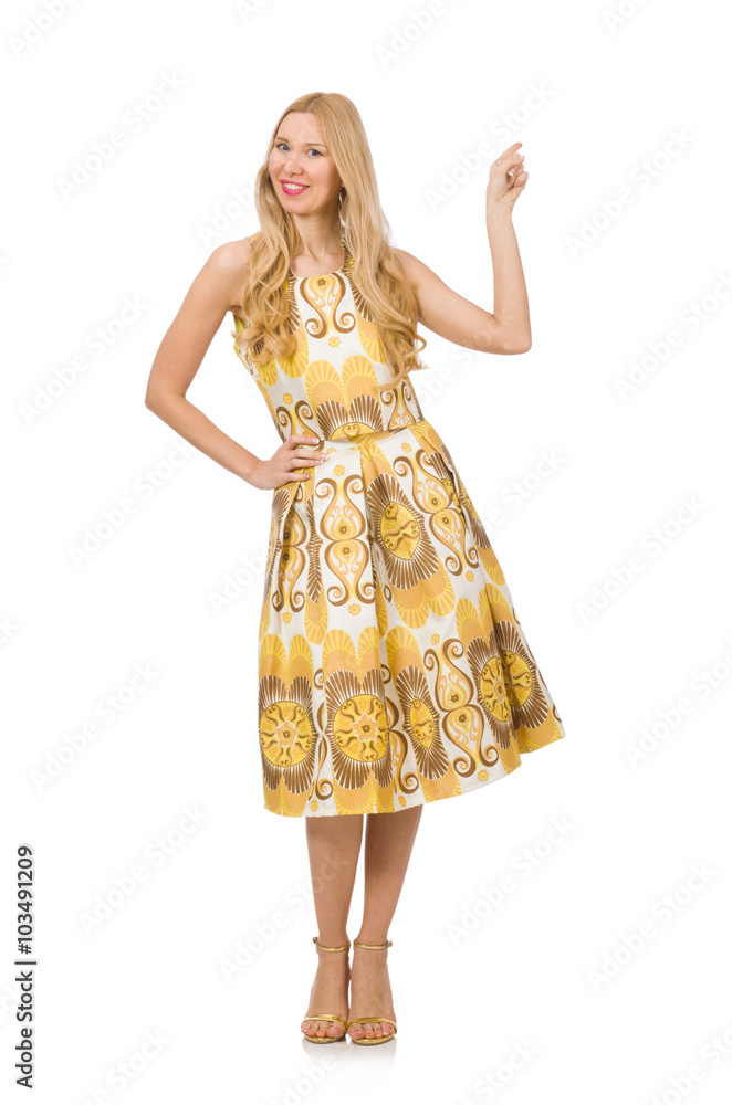 Young woman wearing long summer dress isolated on white