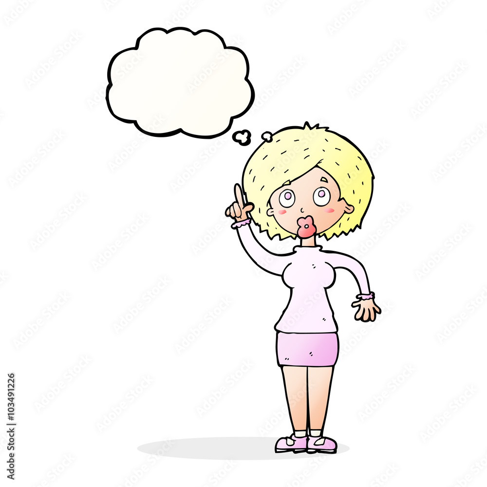 cartoon woman with idea with thought bubble cartoon woman with idea with thought bubble