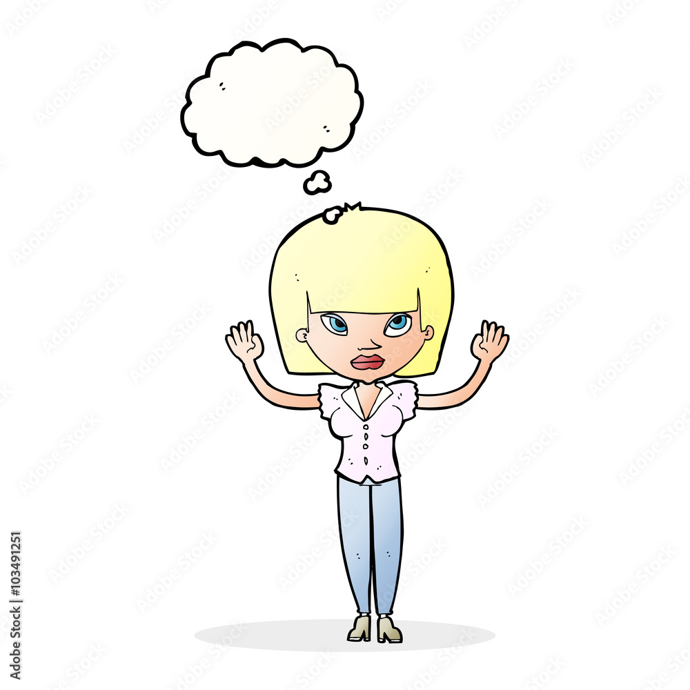 cartoon woman with raised hands with thought bubble cartoon woman with raised hands with thought bubble