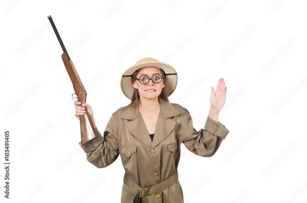 Woman wearing safari hat on white Woman wearing safari hat on white