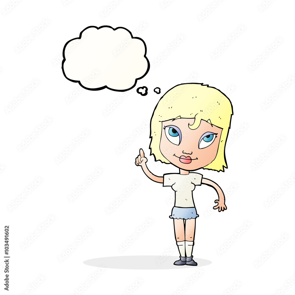 cartoon woman with idea with thought bubble cartoon woman with idea with thought bubble