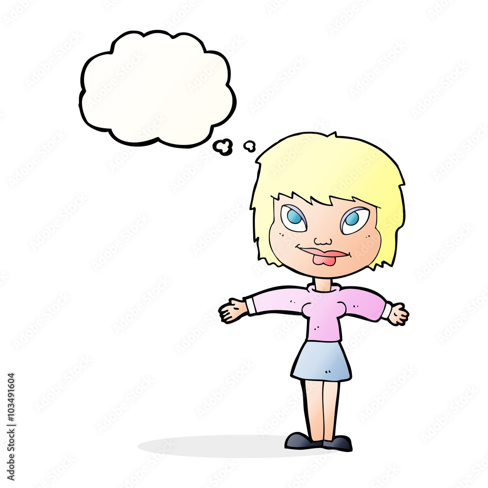 cartoon woman with open amrs with thought bubble cartoon woman with open amrs with thought bubble