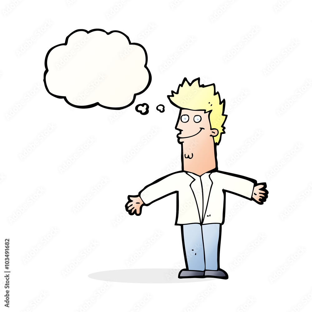cartoon happy man with open arms with thought bubble cartoon happy man with open arms with thought bubble