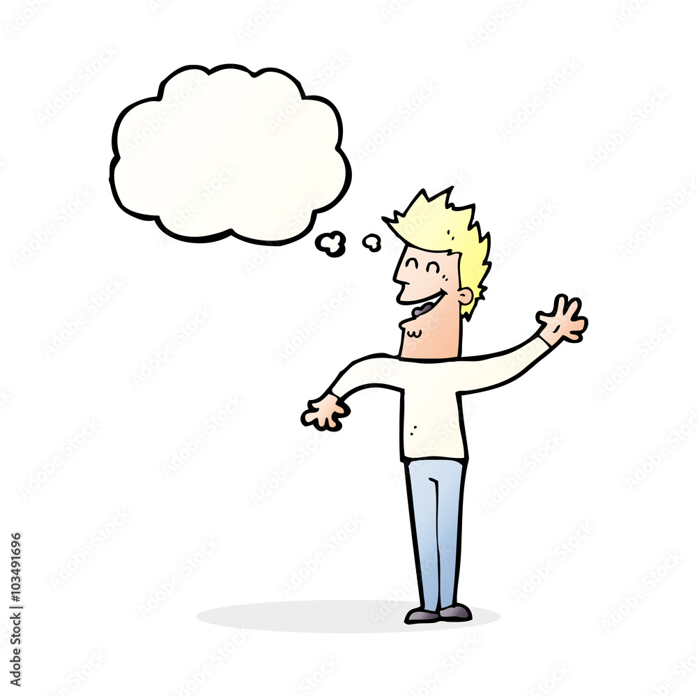 cartoon happy man waving with thought bubble cartoon happy man waving with thought bubble