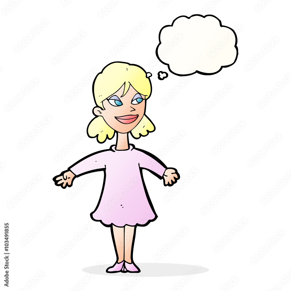 cartoon woman with open arms with thought bubble cartoon woman with open arms with thought bubble