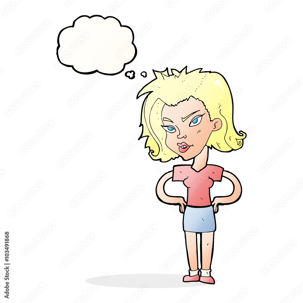 cartoon woman with hands on hips with thought bubble cartoon woman with hands on hips with thought bubble