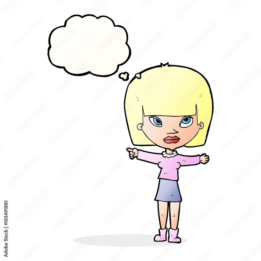 cartoon woman pointing with thought bubble cartoon woman pointing with thought bubble
