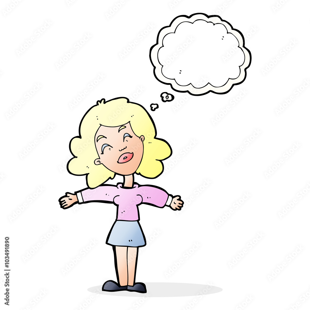 cartoon woman with open arms with thought bubble cartoon woman with open arms with thought bubble