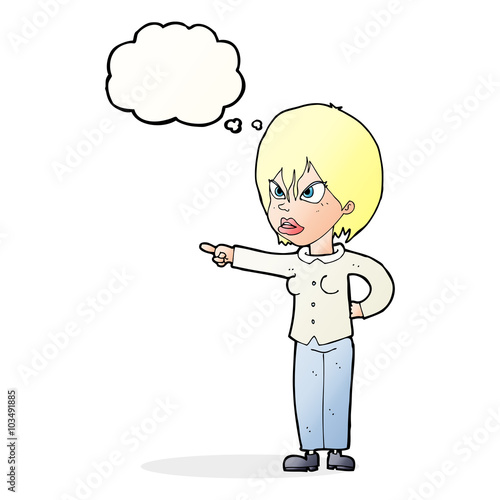 cartoon woman accusing with thought bubble
