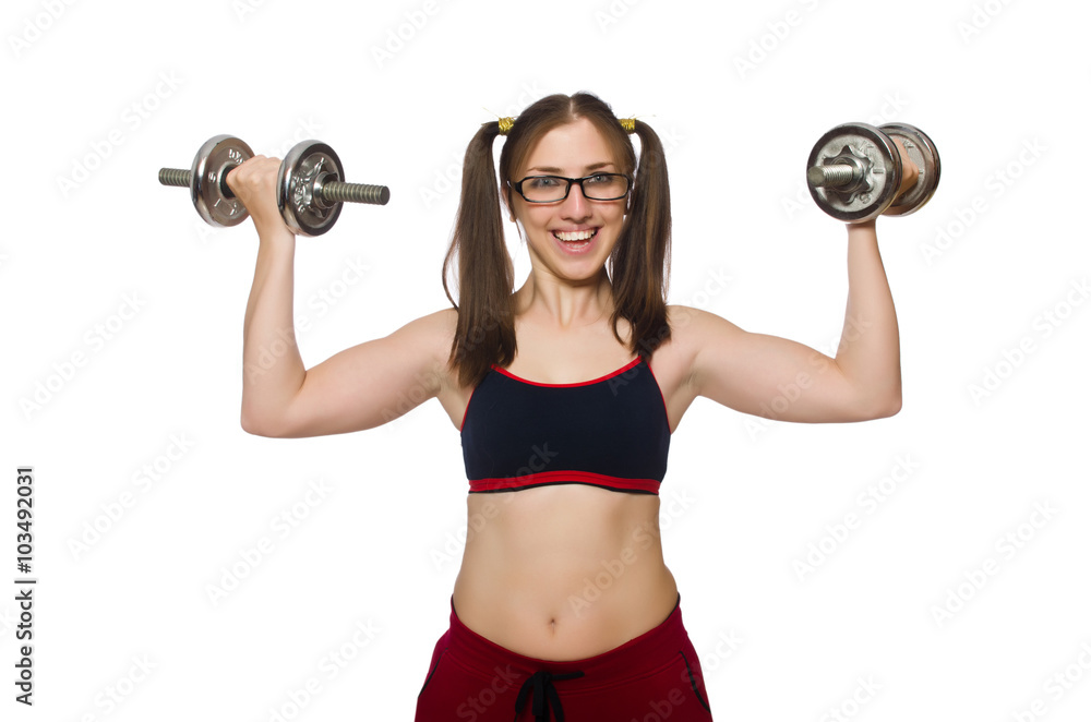 Woman exercising with dumbbells isolated on white Woman exercising with dumbbells isolated on white