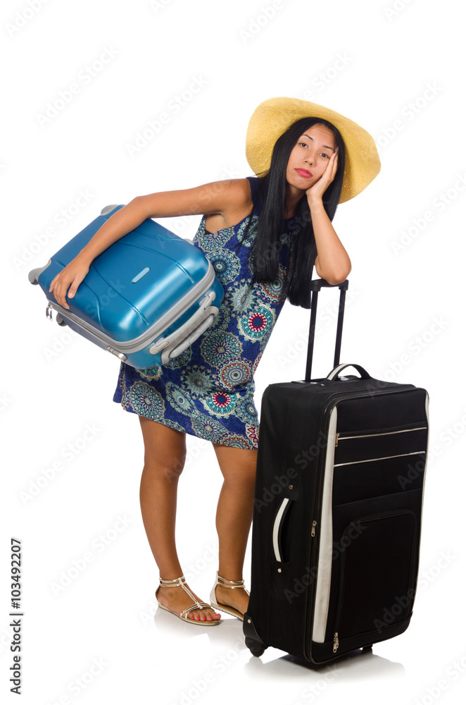 Woman with suitcase isolated on white Woman with suitcase isolated on white