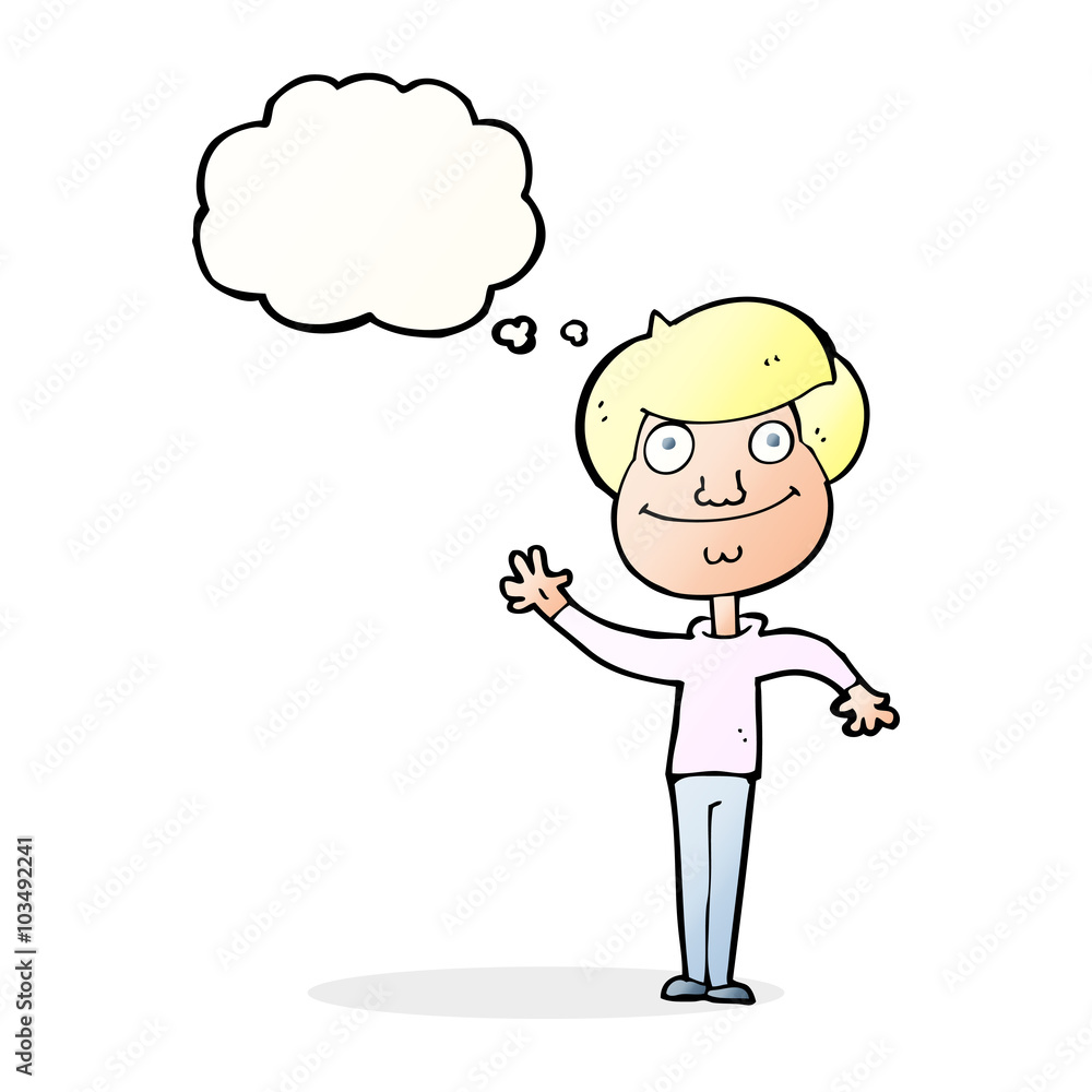 cartoon happy man waving with thought bubble cartoon happy man waving with thought bubble