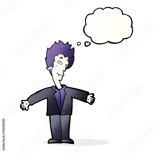 cartoon happy vampire with thought bubble