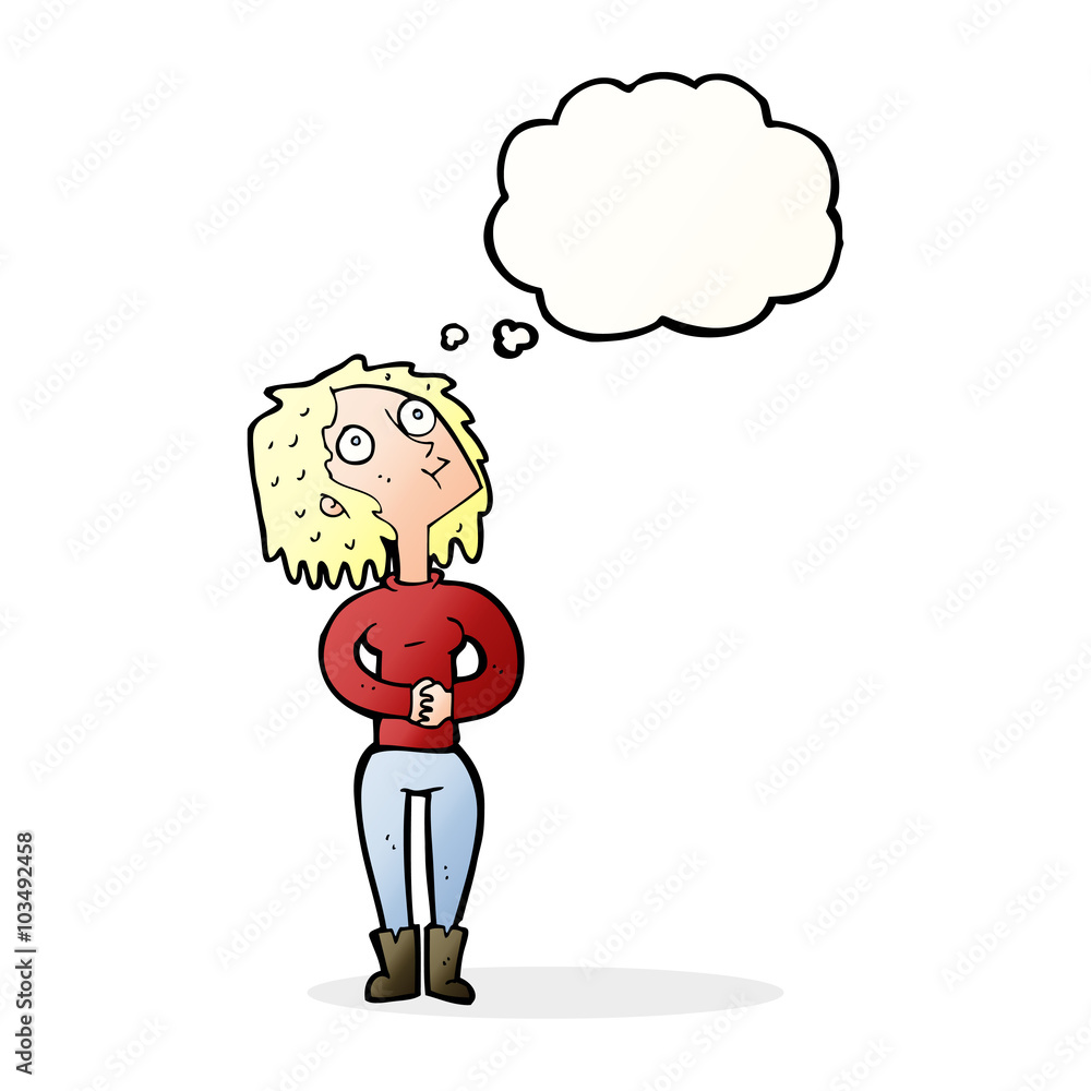 cartoon woman looking upwards with thought bubble