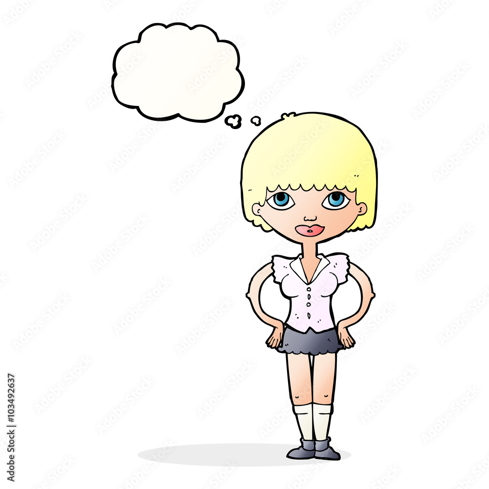 cartoon woman with hands on hips with thought bubble cartoon woman with hands on hips with thought bubble