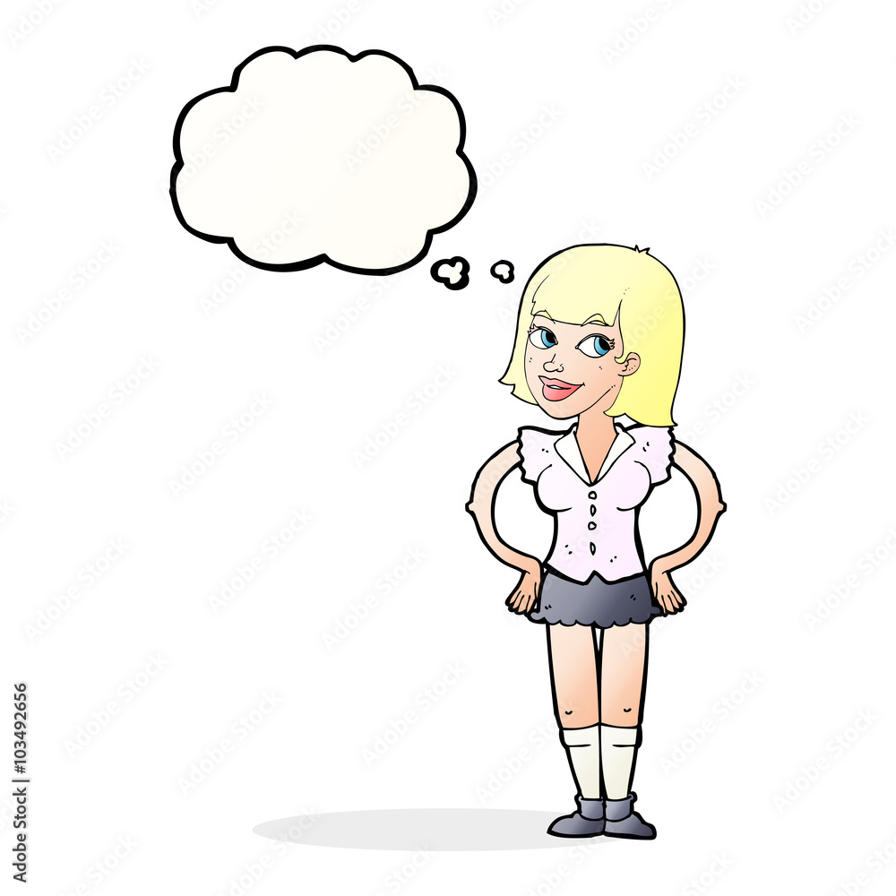 cartoon woman with hands on hips with thought bubble cartoon woman with hands on hips with thought bubble