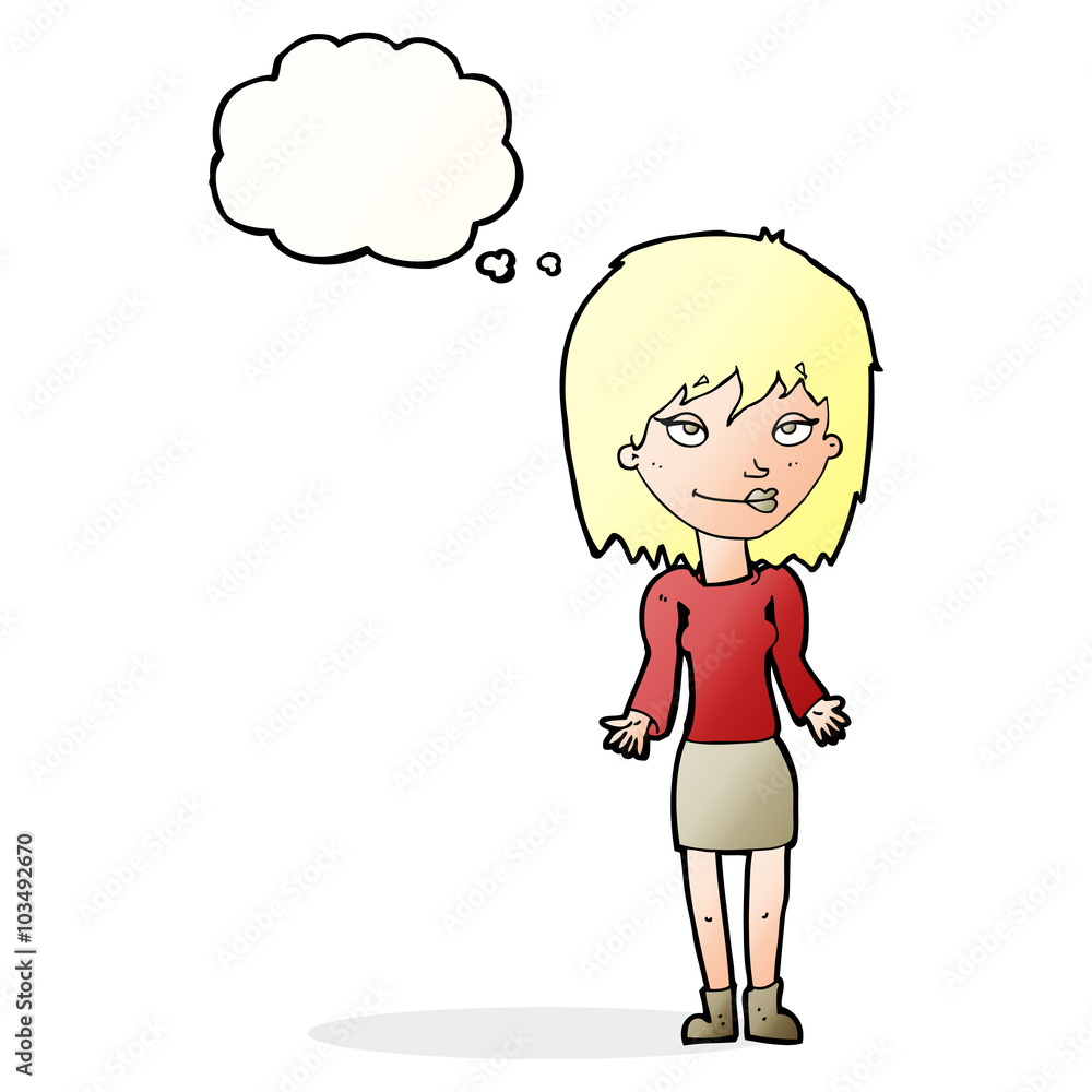 cartoon woman shrugging shoulders with thought bubble cartoon woman shrugging shoulders with thought bubble