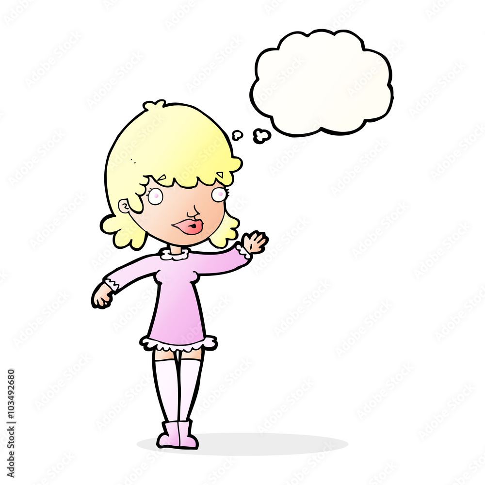 cartoon woman waving with thought bubble cartoon woman waving with thought bubble