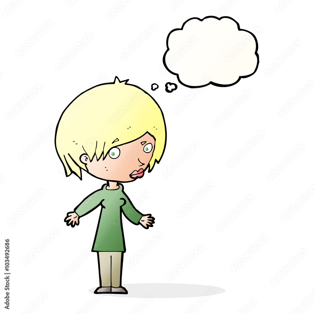 cartoon woman shrugging shoulders with thought bubble cartoon woman shrugging shoulders with thought bubble