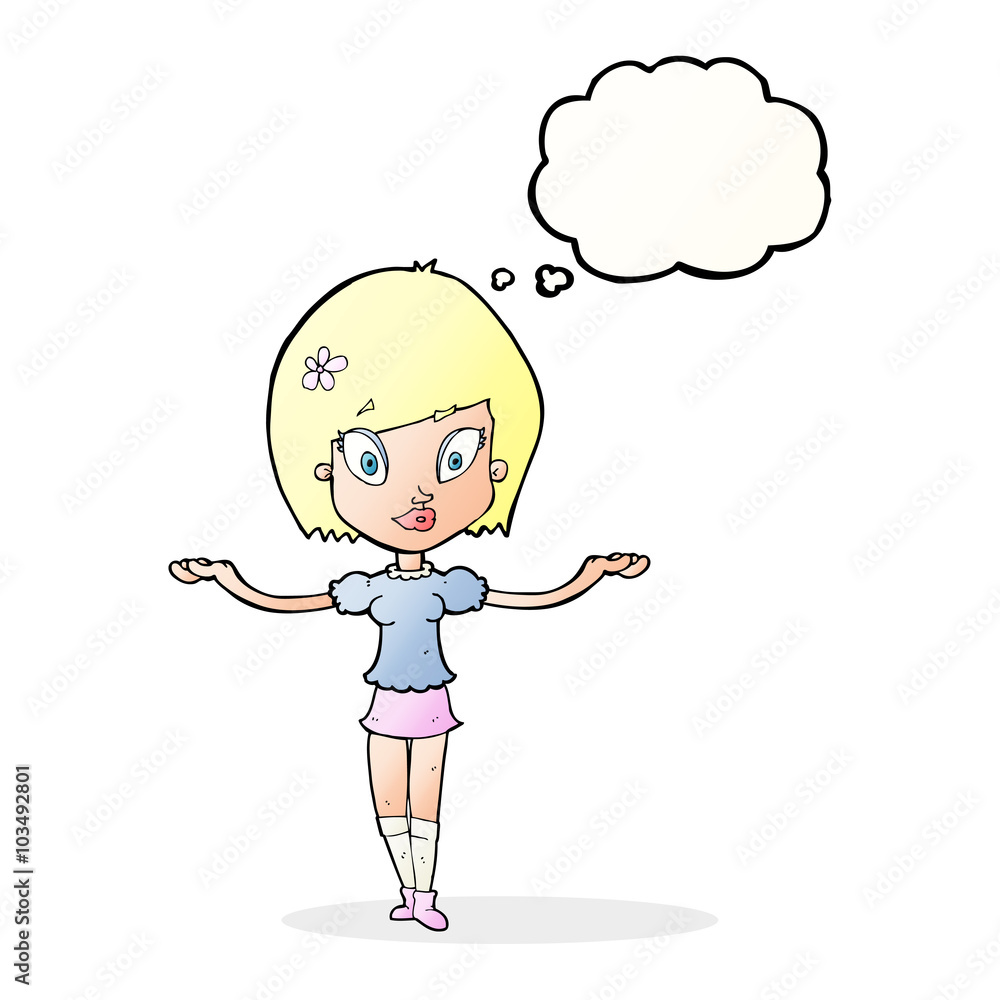 cartoon woman making balancing gesture with thought bubble cartoon woman making balancing gesture with thought bubble