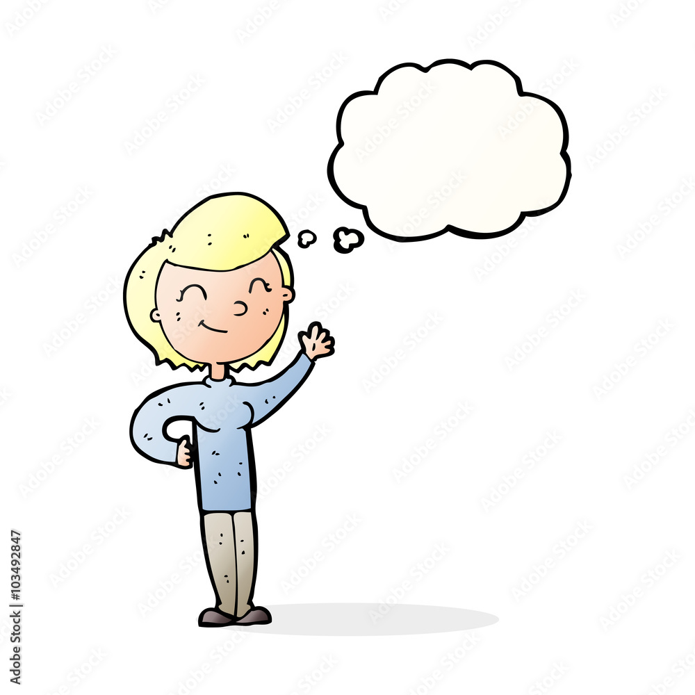 cartoon friendly waving woman with thought bubble cartoon friendly waving woman with thought bubble